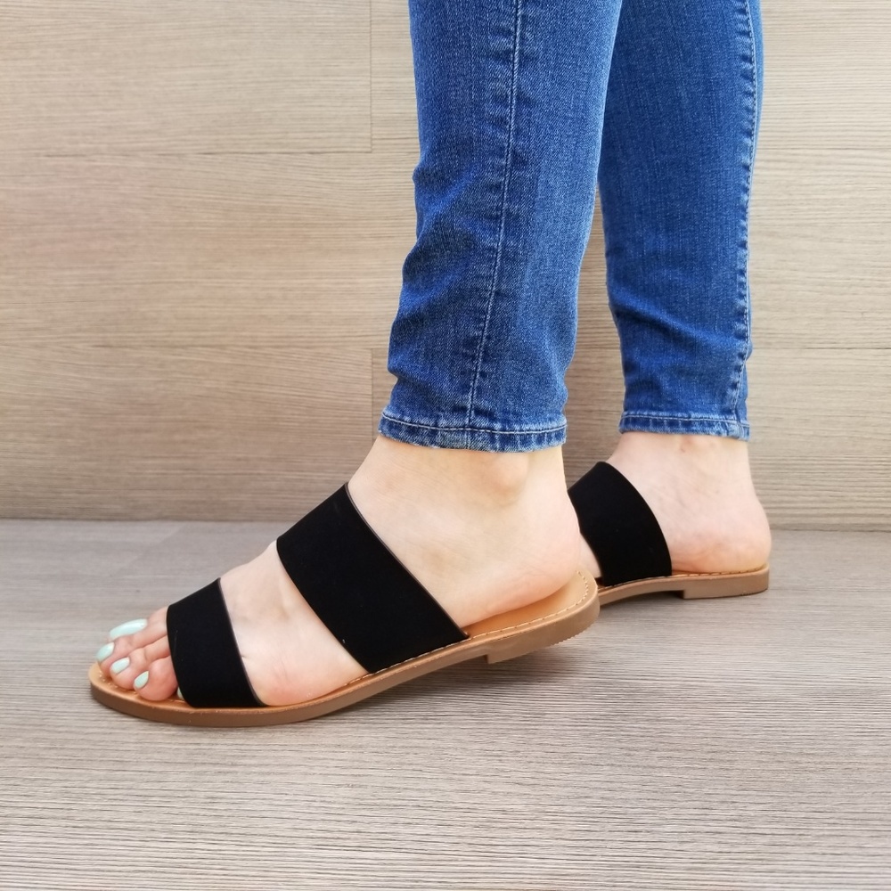 Slip On 2 Strap Flat slider Sandal Black Velvet-C - Picture 5 of 8